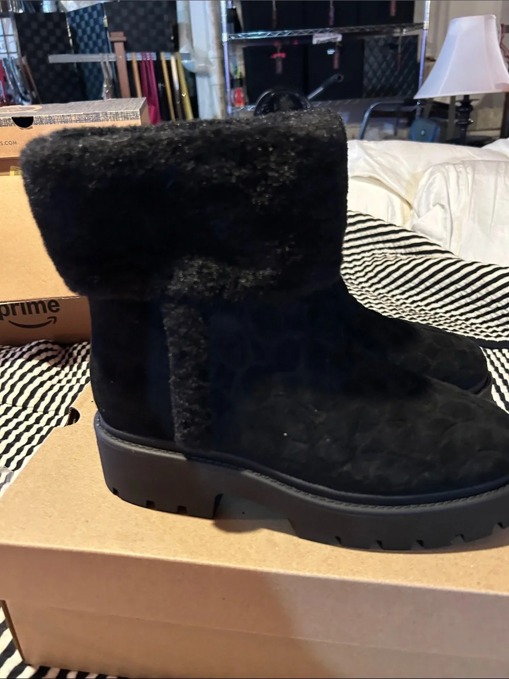 Coach Black Suede Shearling-Trim Lug Ankle Boot
